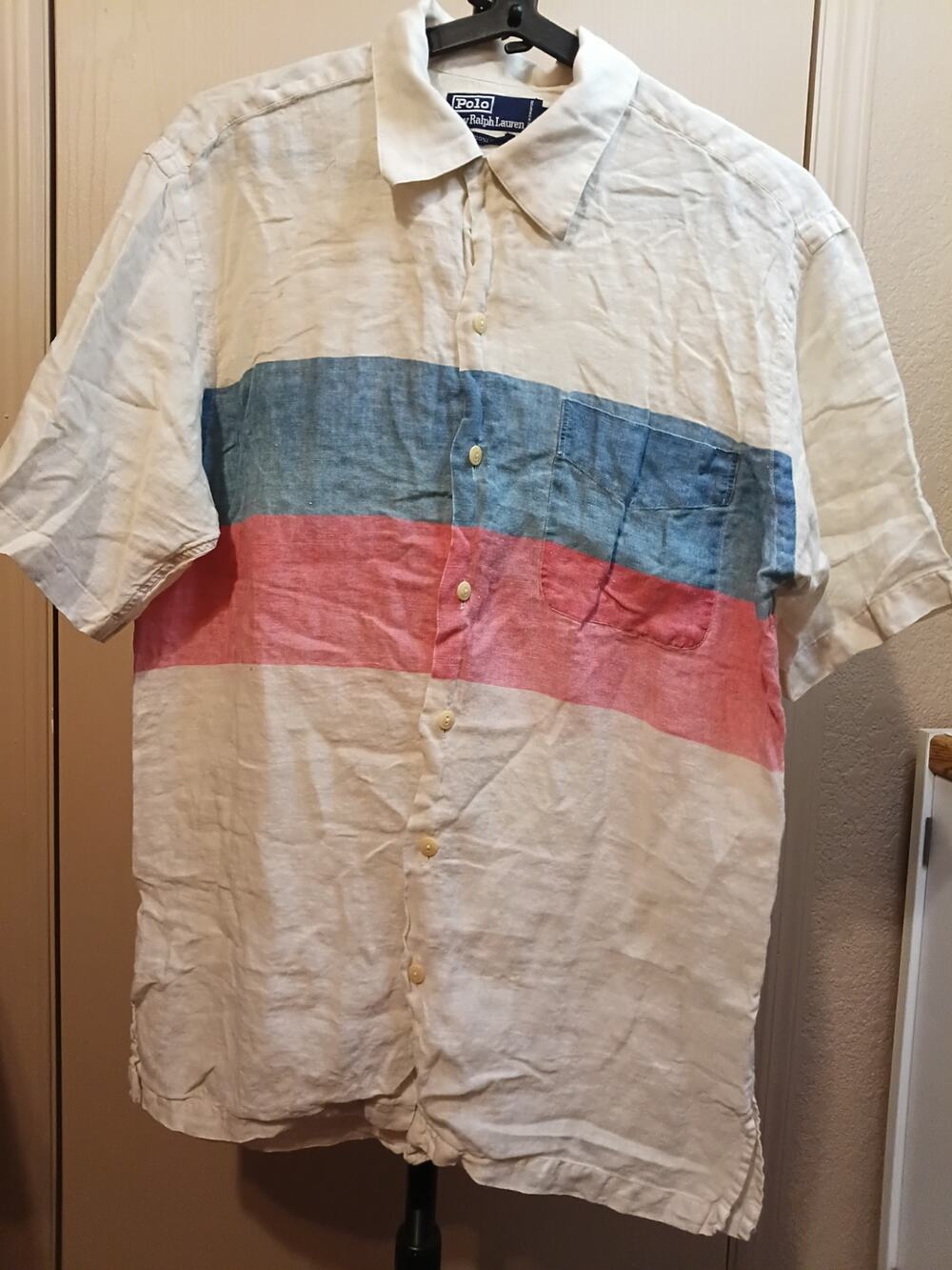 Vintage Polo Ralph Lauren 100% Linen Camp Shirt M/XL Colorblock Blue Coral Beige